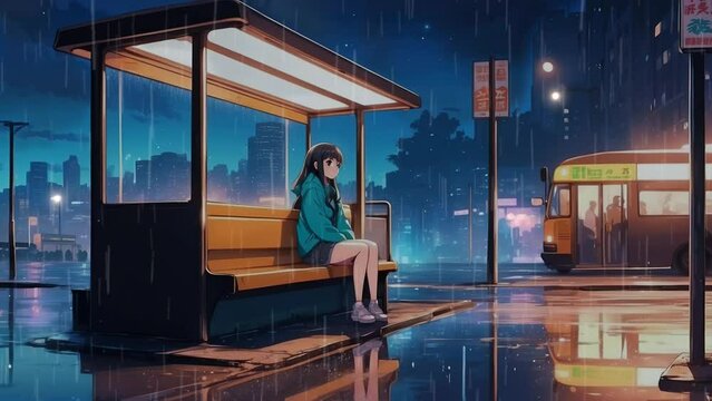 Cute Anime Girl Alone In The Night Rain. Illustration Lofi Music Chill, Sad And Relaxed. 4K Generative AI Video Looping Animation