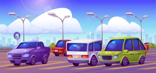 Behang Cars standing on parking lot on city street. Cartoon vector illustration of urban landscape with parked automobiles on public zone with building silhouette, lamps and sign. Vehicle on town stop. © klyaksun