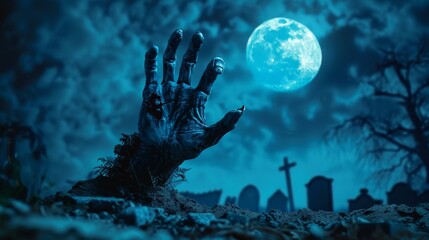A zombie hand emerging from the ground under a full blue moon casting eerie shadows in a haunted graveyard awakening to the night - obrazy, fototapety, plakaty