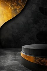 An abstract luxury background with a black and gold theme focusing on an empty platform ready for high end product exhibitions