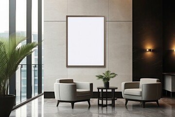 A Mockup of a blank white vertical picture frame on the wall in the modern hotel lobby.