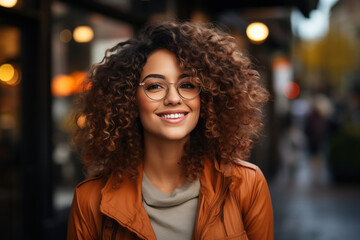 Portrait of smiling happy satisfied curly brunette woman wearing glasses outdoors