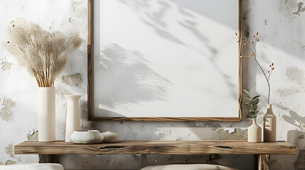 blank wall art frame mockup, rustic shelf with simple blank wall