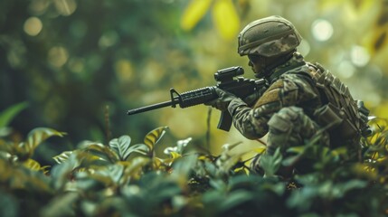 Soldier holding gun crouched and ambushed in the forest - obrazy, fototapety, plakaty
