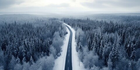 An aerial view reveals a winter road veiled in a pristine layer of snow, a tranquil scene untouched by tire tracks or footprints - obrazy, fototapety, plakaty
