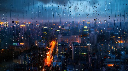 Wetwindow with the background of the night city