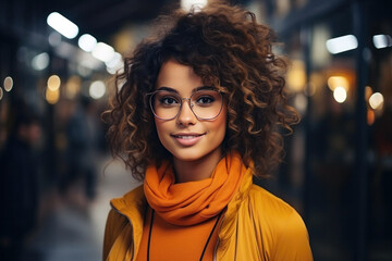 Portrait of smiling cute happy satisfied curly brunette woman wearing glasses outdoors - obrazy, fototapety, plakaty