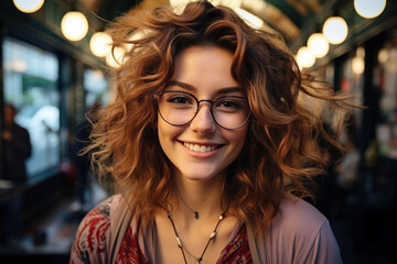 Portrait of cute happy smiling curly brunette woman wearing glasses in a cafe shop