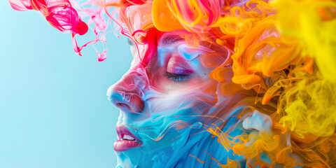 Colour Burst Portrait.
A woman's face is transformed into a canvas of exploding vibrant colours.