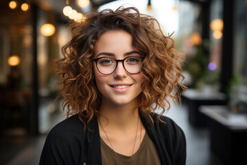 Portrait of cute happy smiling curly brunette woman wearing glasses and looking into a camera outdoors