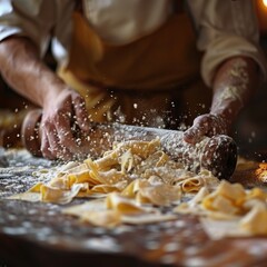 Homemade Pasta Perfection: A close-up of hands rolling out homemade pasta dough, capturing the authenticity and craftsmanship of pasta-making. 