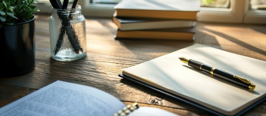 Fountain pen on the desk with important book