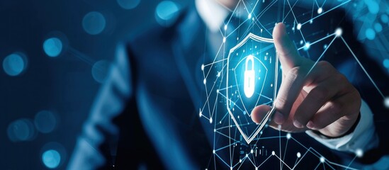 Cyber secrity, Businessman hand pointing hand on the network data protection technology on digital padlock