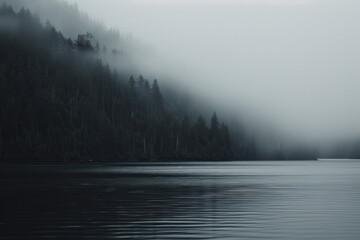 A serene, misty lake with dense fog enveloping a coniferous forest under a dusky sky, evoking stillness and mystery.