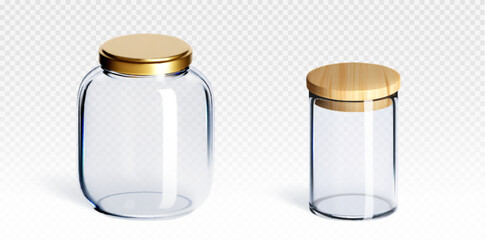 Glass transparent low and high jar mockup closed with wooden and metal cap. Realistic vector set of blank plastic kitchen container for product storage. Round kitchenware and food packaging template.