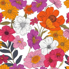Seamless floral patterns in trendy colors isolated on a white background, seamless pattern in all directions.