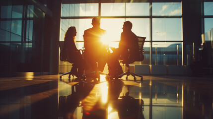 A group of people are sitting in chairs in front of a window, watching the sun set. Scene is peaceful and reflective, as the group is taking a moment to appreciate the beauty of the sunset