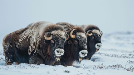 formidable musk oxen huddled together in a snowy expanse, their shaggy coats providing insulation against the cold - obrazy, fototapety, plakaty