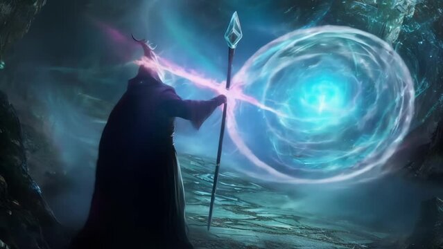 A mysterious sorcerer surrounded by swirling holographic spells and wielding a crystaltipped staff.