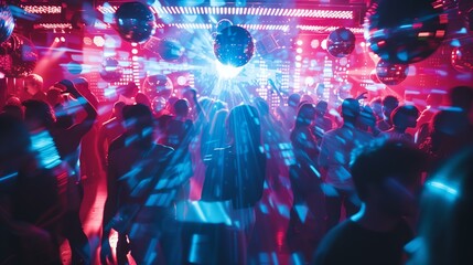 many people dancing in a club, lights mirror ball, trendy motion blur effect with neon colors
