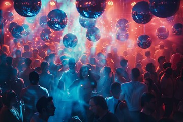 many people dancing in a club, lights mirror ball, trendy motion blur effect with neon colors