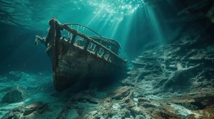 Tuinposter Old broken fishing boat under water, wooden abandoned boat © Ruslan Gilmanshin