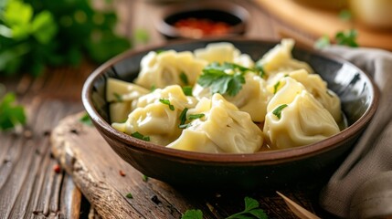 Fototapeta na wymiar Homemade meat dumplings with onions and parsley- russian pelmeni in wooden bowl