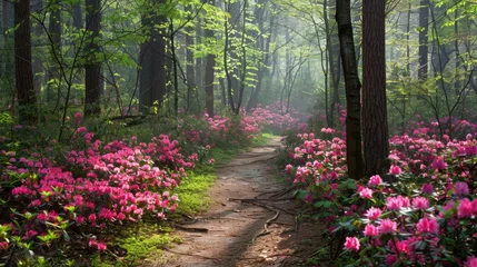 Rugzak A winding forest path leads through lush greenery and vibrant pink azalea blooms on a sunny, misty morning. © doraclub