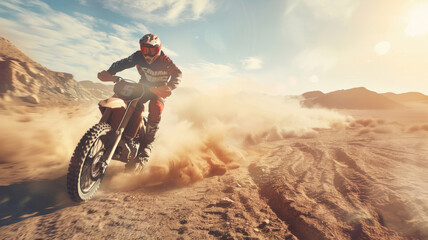 Dust clouds trail a motocross rider speeding across a rugged desert landscape.