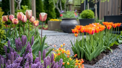 A beautifully arranged garden featuring a display of elegant tulips and fragrant purple hyacinths alongside a gravel pathway.