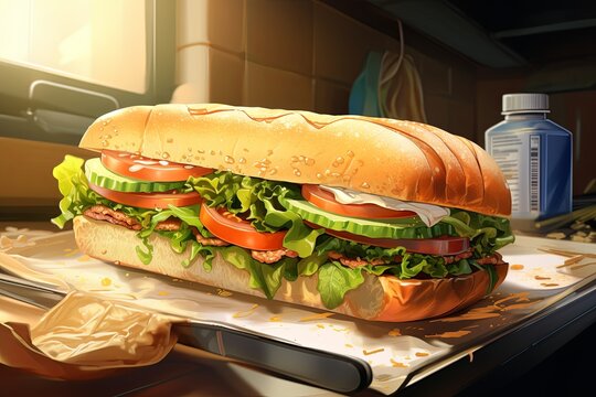 Delicious sub sandwich loaded with fresh lettuce, tomatoes, cucumbers, and meat on a sesame seed bun, ready to eat.