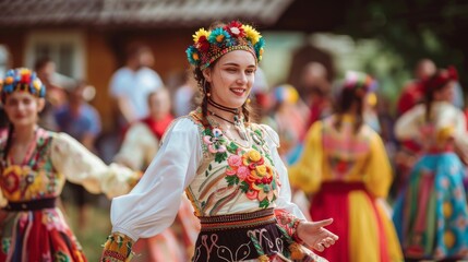 A woman in colorful traditional Ukrainian attire dances with joy and grace at a folk festival, celebrating cultural heritage. - obrazy, fototapety, plakaty