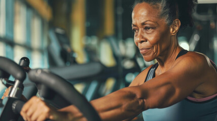 Senior woman focused on her cardio workout on a gym elliptical machine.