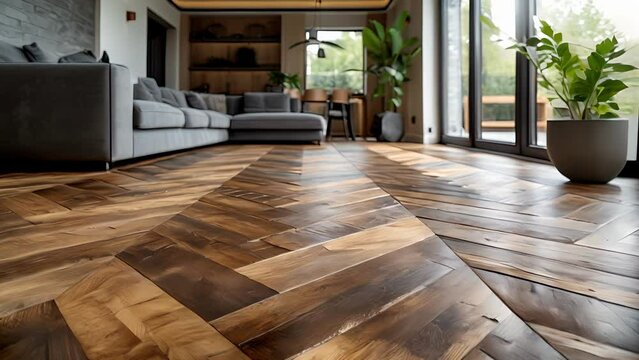 A closeup of a herringbone wood floor in a modern kitchen with contrasting light and dark tones adding depth and texture to the space.
