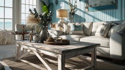the coastal-inspired aesthetic with a coffee table featuring a light wood finish and nautical-themed decor in a serene living space