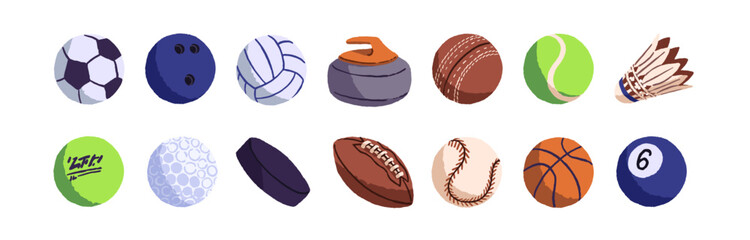 Obraz premium Sport equipment set. Different balls for play games: basketball, tennis, soccer, baseball, American&nbsp;football. Curling, hockey pucks, badminton shuttlecock. Flat isolated vector illustration on white