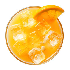 Orange juice with ice cubes in glass top view isolated on transparent background Remove png, Clipping Path, pen tool
