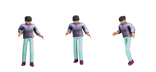 3D ILLUSTRATION RENDERING. OBJECT ELEMENT FOR GRAPHICS PORTRAIT SMILLING MAN CUTE CARTOON CHARACTER YOUNG MALE MODEL STANDING ON ISOLATED WHITE BACKGROUND. MINIMAL HUMAN ACTION.