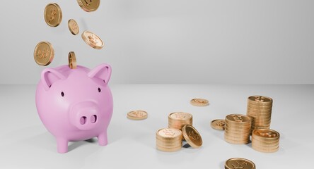 3D illustration of a pink piggy bank on the ground and white background with golden coins floating and laying around, symbolizing savings, financial management, frugality.