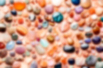 ABSTRACT BLURRED BACKGROUND ILLUSTRATION. Artwork semi precious stones mixed size, material and colored surface texture art decoration style on pastel background for jewelry wallpaper banner backdrop.