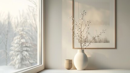 A delicate vase sits atop a tall white window, placed on a white wooden table. In the background, a framed picture of a snowy landscape adds to the scene.