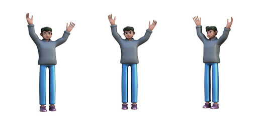 3D ILLUSTRATION RENDERING. OBJECT ELEMENT FOR GRAPHICS PORTRAIT SMILLING MAN CUTE CARTOON CHARACTER YOUNG MALE MODEL STANDING ON ISOLATED WHITE BACKGROUND. MINIMAL HUMAN ACTION.