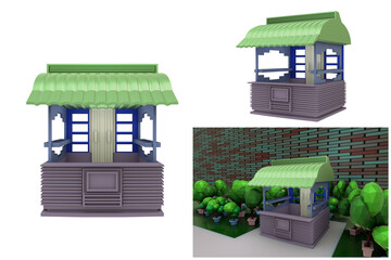 3D RENDERING ILLUSTRATION. Sample idea model booth kiosk perspective design. Small business street food drink shop stall market or Product exhibition fair counter concept isolated white background.