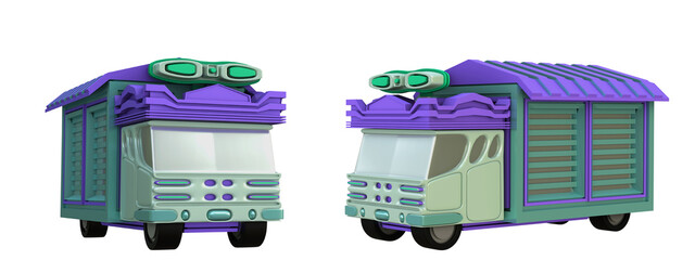 3D RENDERING ILLUSTRATION. LORRY TRUCK VAN BUS CAR ISOLATED ON WHITE BACKGROUND. TRANSPORTATION SHIPMENT DELIVERY CARGO LOGISTICS DESIGN CONCEPT.