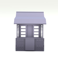 3D RENDERING ILLUSTRATION. Sample idea model booth kiosk perspective design. Small business street food drink shop stall market or Product exhibition fair counter concept isolated white background.