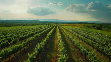 Fototapeta na wymiar Sunset over orderly vineyard rows with lush greenery and distant hills.