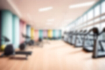 Abstract blurred background illustration. Aesthetic Interior Design of Gym Space with Abundant Exercise Equipment. Modern fitness gym for healthy exercise.