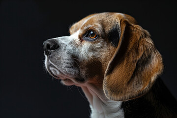 Profile of a beagle with a thoughtful expression against a dark background