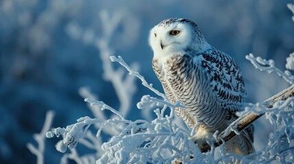 the determined spirit of a snowy owl perched on a frosty branch, its keen eyes scanning the landscape for prey