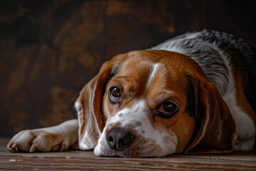 Portrait of an adorable beagle with its head lying on the ground.